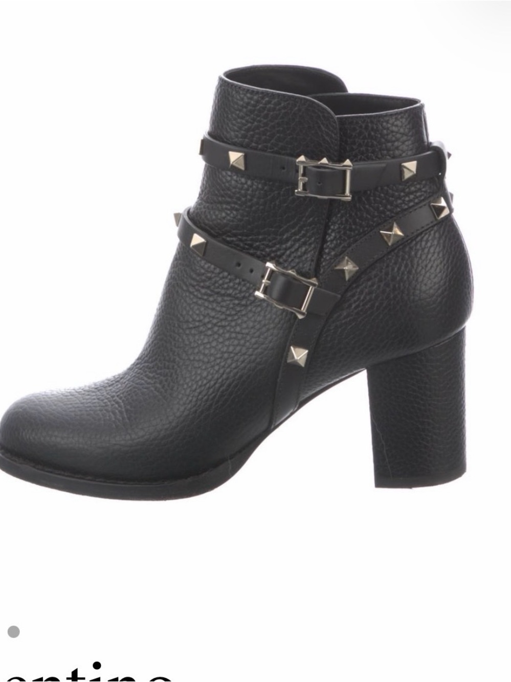Valentino Black Pebbled Leather Rockstud Strap Ankle Boots